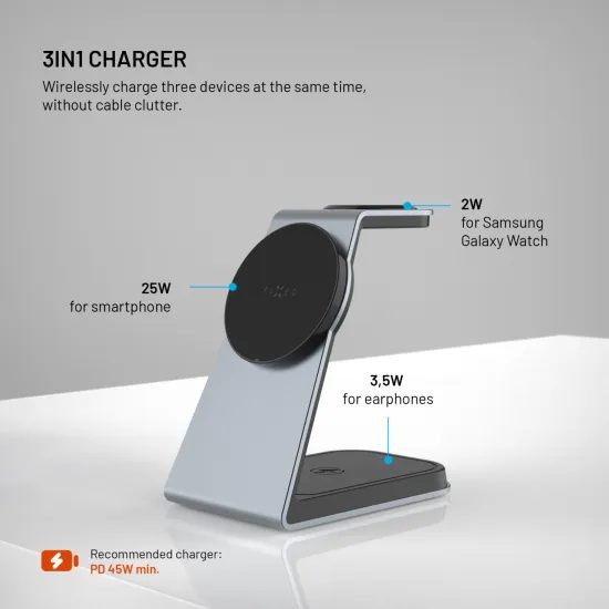 FIXED MagPowerstation Alu 3 az 1-ben vezeték nélküli töltőállvány Samsung készülékekhez MagSafe-fel, 25W + 5W + 2W, Qi2.2, űrszürke