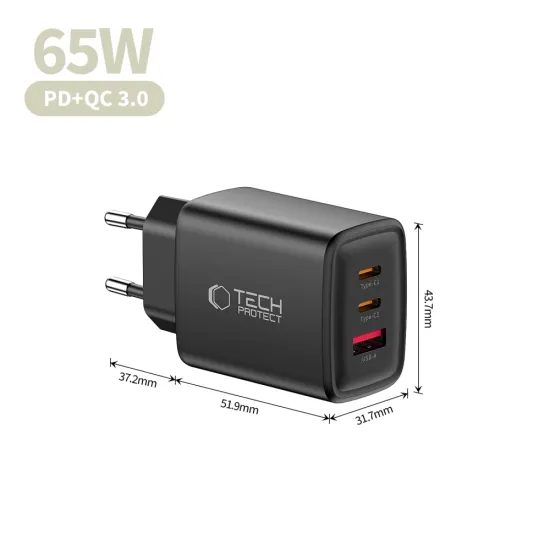Tech-Protect NCA65W-GAN φορτιστής 3 θυρών PD 65W / QC3.0, μαύρος
