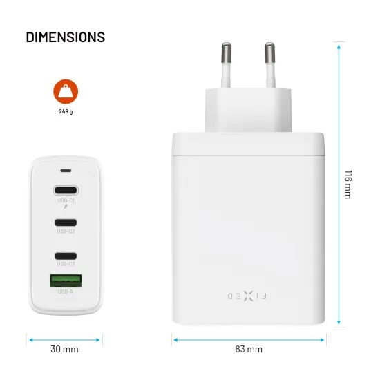 FIXED GaN hálózati töltő, 3x USB-C + USB, PD 3.0, 120W, fehér