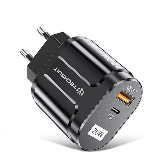 Techsuit Premium Wandladegerät CHPD038, USB-A, USB-C, QC 3.0, 20W, schwarz