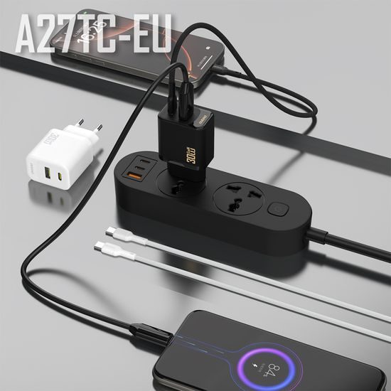 Dudao A27TCEU nabíječka USB-A + USB-C s USB-C kabelem, PD 30W GaN, černá
