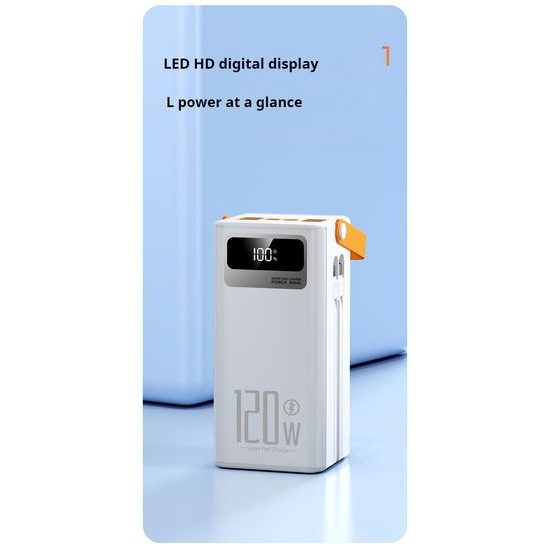 Powerbank 80.000 mAh, 120W PD + QC, 4 USB + 2 Kabel, LED-Licht, weiß