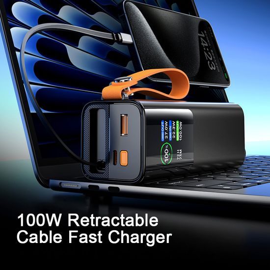 Aluminium Powerbank til opladning af bærbare computere, 20.000 mAh, 100W, PD 3.0 med integreret udtrækkelig USB-C kabel - Grå