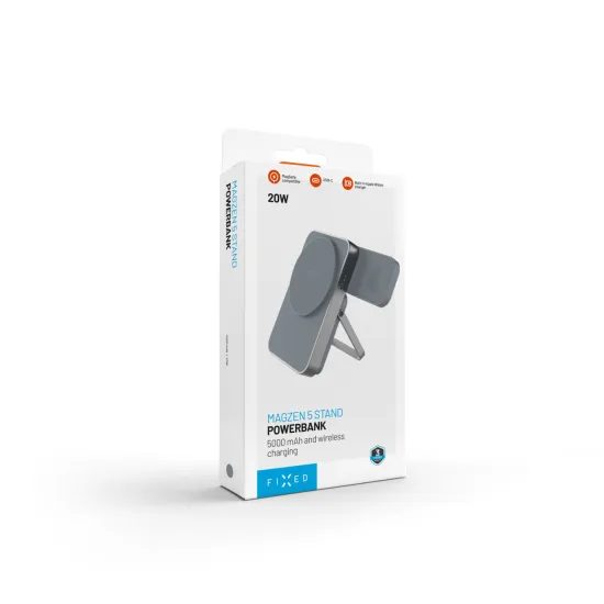 FIXED MagZen 5 Stand powerbank MagSafe támogatással, Apple Watch töltéssel és állvánnyal, 5 000 mAh, szürke