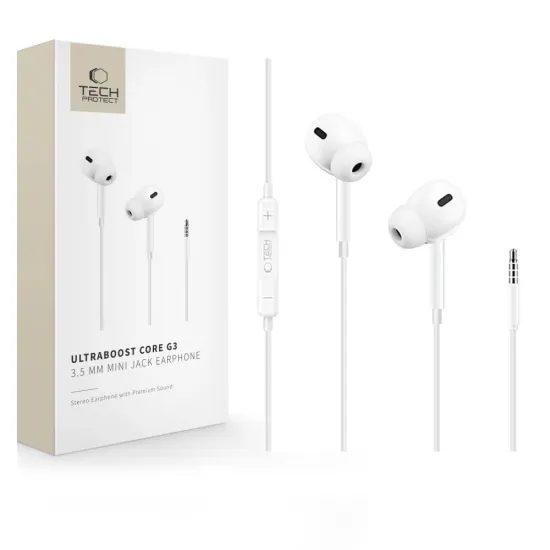 Tech-Protect UltraBoost Core G3 In-Ear Kopfhörer mit Kabel - 3,5mm Klinke Mini Jack - Weiß