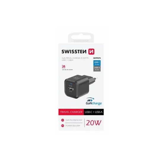 Swissten Netzladegerät GaN 1x USB-C 20W PD und 1x USB-A 18W QC, schwarz