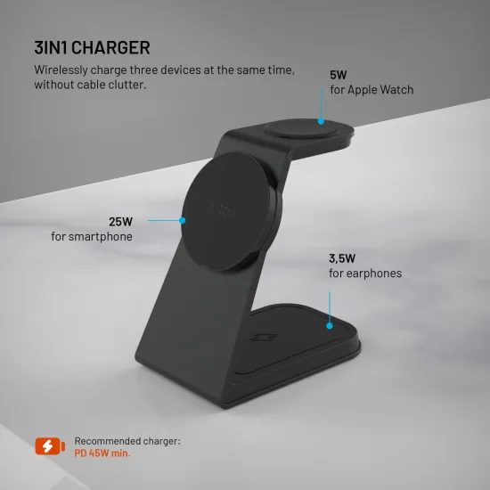 FIXED MagPowerstation Alu 3 3 az 1-ben vezeték nélküli töltőállvány MagSafe-fel, 25W + 5W + 3,5W, Qi2.2, fekete