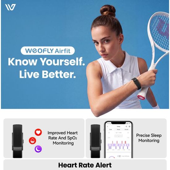 Weofly Airfit Smart Fitness Tracker ohne Display - Aktivitätstracker mit Herzfrequenzmessung und Schlafüberwachung - Schwarz
