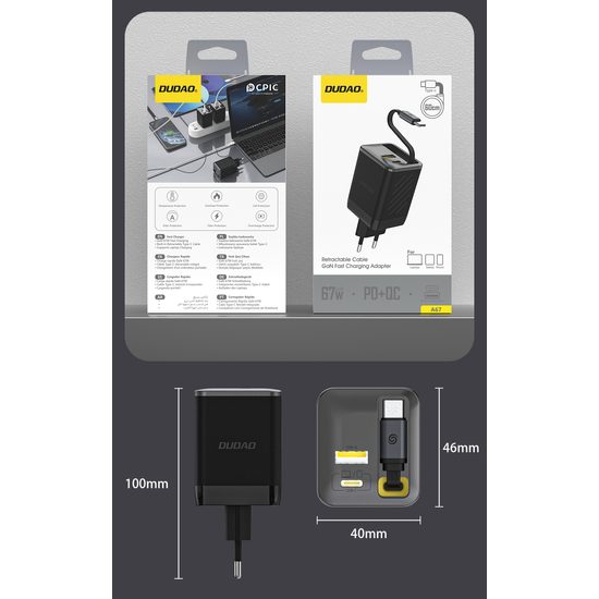 Dudao A67EU lādētājs ar iebūvētu izvelkamu USB-C kabeli GaN 67W PD – melns