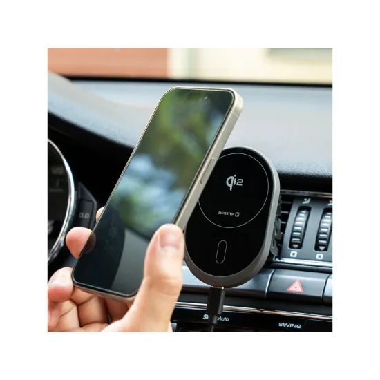 Swissten βάση αυτοκινήτου με ασύρματη φόρτιση Qi2, μαύρη