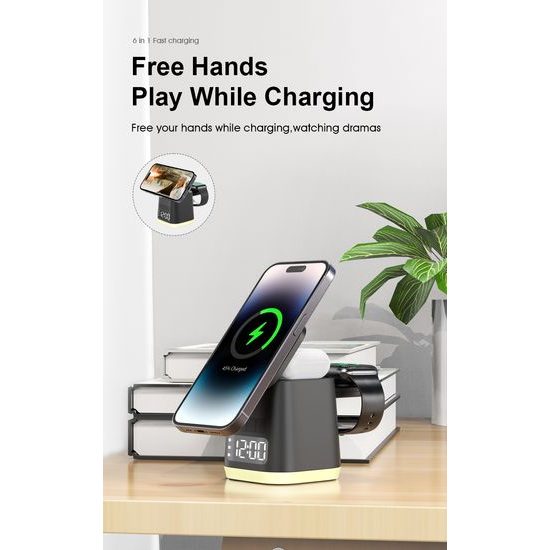 MagDock 6 Pro 6σε1 ασύρματος σταθμός φόρτισης με ρολόι και φωτισμό νυκτός για iOS και Android, μαύρο