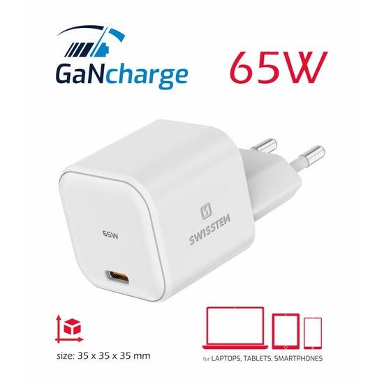 Swissten GaN 1x USB-C 65W, Power Delivery, bela