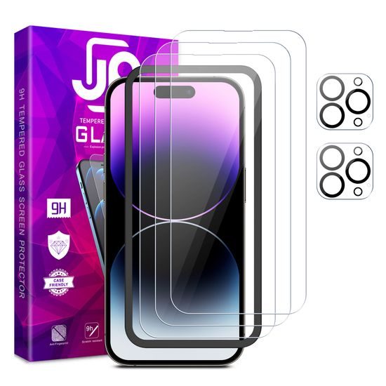 JP Mega Pack Kaljena stekla, 3 stekla za telefon z aplikatorjem + 2 zaščitni očali za fotoaparat, iPhone 14 Pro