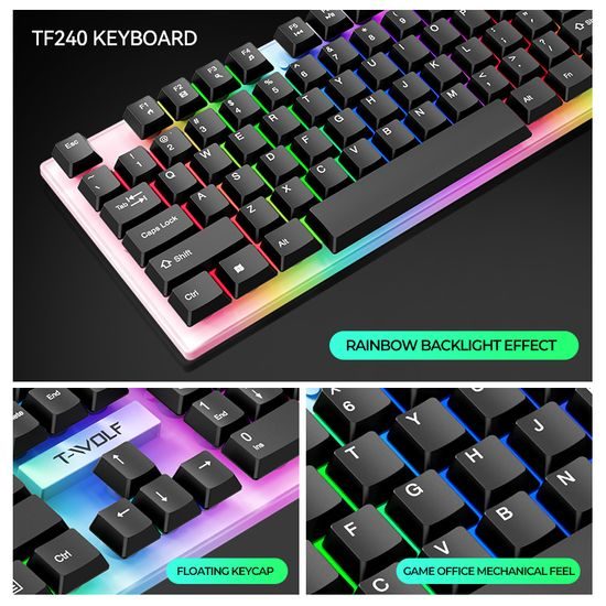 T-WOLF TF240 4in1 RGB Gaming Set für komplettes Gaming Setup - Tastatur, Maus, Headset, Mauspad