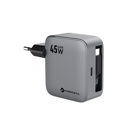 Forcell F-Energy φορτιστής USB-C + συρόμενο καλώδιο USB-C, PD, QC4.0, 3A, 45W, γκρι