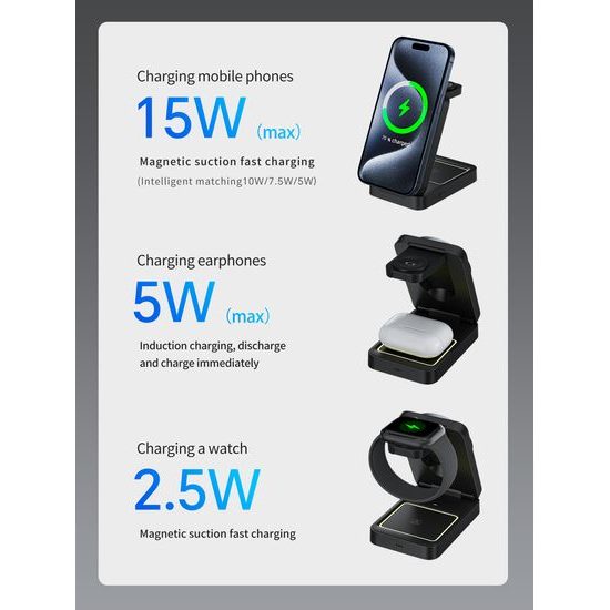 3in1 Magnetisches Kabelloses Ladegerät Faltbar mit LED Nachtlicht - Effiziente Wireless Ladestation für Smartphone, Earbuds und Smartwatch - Grau