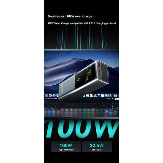 Συμπαγής power bank για γρήγορη φόρτιση laptop, 100W, 20.000 mAh, μαύρο