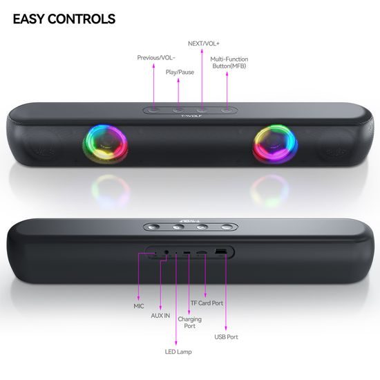 T-WOLF BT320 RGB Soundbar für PC und Gaming - Stereo Lautsprecher mit Bluetooth 5.0 - 7 RGB Beleuchtungsmodi