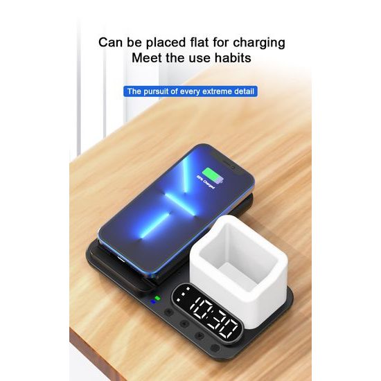 DeskCharge Station Pro Πολυλειτουργικός σταθμός ασύρματης φόρτισης 5 σε 1 με ρολόι και οργανωτή, μαύρο