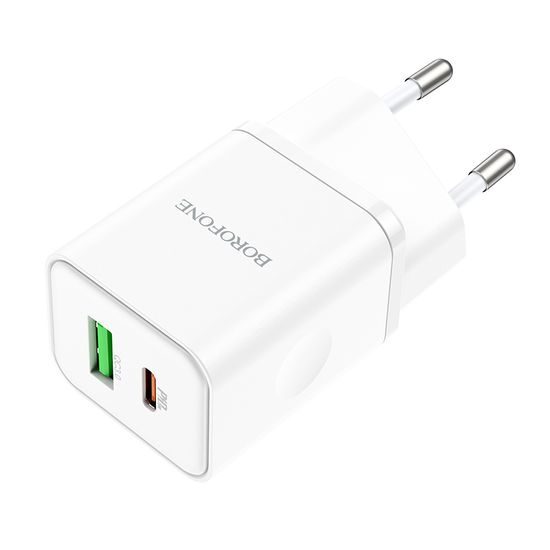Încărcător Borofone BN7, USB + USB-C, QC 3.0, PD 20W, alb