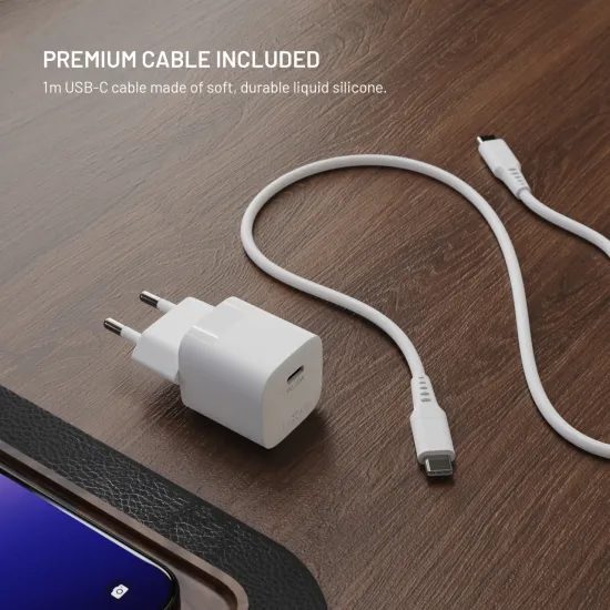 FIXED Mini hálózati töltő, USB-C, PD 20W USB-C - USB-C kábellel, 1,2 m, fehér