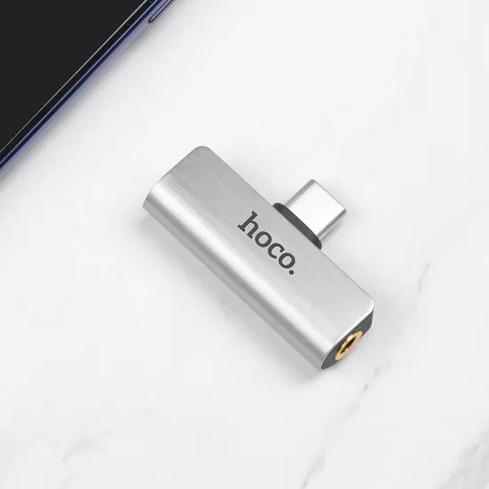 Hoco 2v1 audio adaptér USB-C na jack 3,5 mm + USB-C, strieborný (LS26)