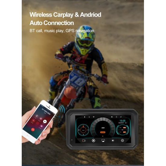 Motociklistički zaslon 6" s prednjom i stražnjom kamerom, GPS-om i TPMS-om te bežičnim Apple CarPlay i Android Auto
