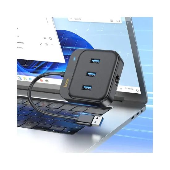 Hoco adaptér HUB 4v1 USB na 3x USB3.0 + RJ45, Gigabit Ethernet, 1,2 m, černý (HB35)