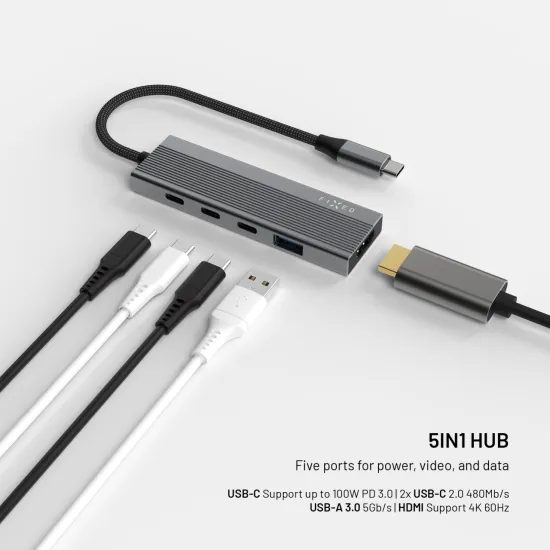 Alumínium USB-C elosztó FIXED HUB Core, 5 port, notebookokhoz és tabletekhez, 100W, PD 3.0, űrszürke