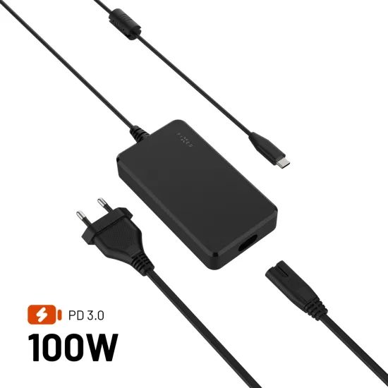 FIXED GaN töltőadapter notebookhoz, USB-C, PD 3.0, 100W, fekete