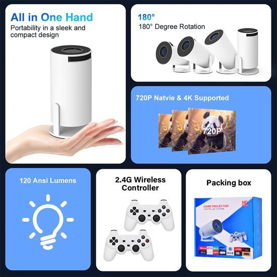 HY300 Max геймърски проектор с 4K изход, Android 11, два безжични контролера и десетки хиляди игри