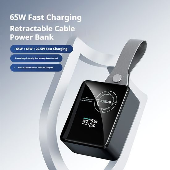 Powerbank για laptops 65W PD με συρόμενο καλώδιο USB-C και ψηφιακή οθόνη, 20000 mAh, μπλε