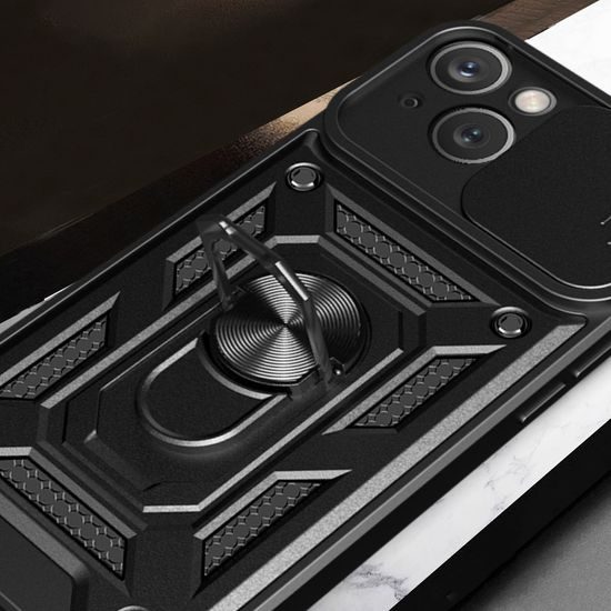 Hibrid Armor Camshield, iPhone 15 Plus, fekete