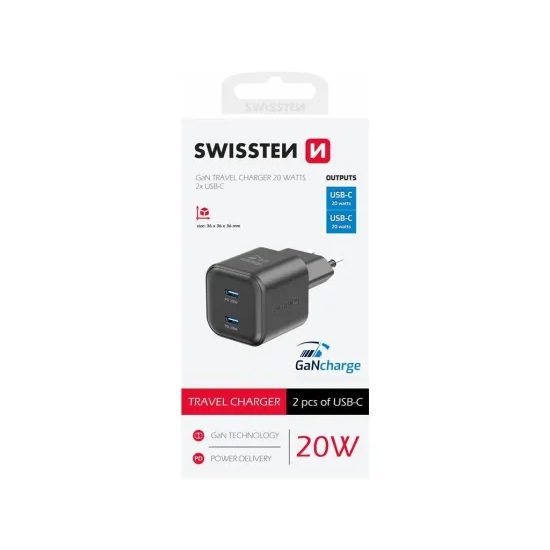 Swissten Síťový adaptér GaN 2x USB-C Power Delivery 20 W, černý