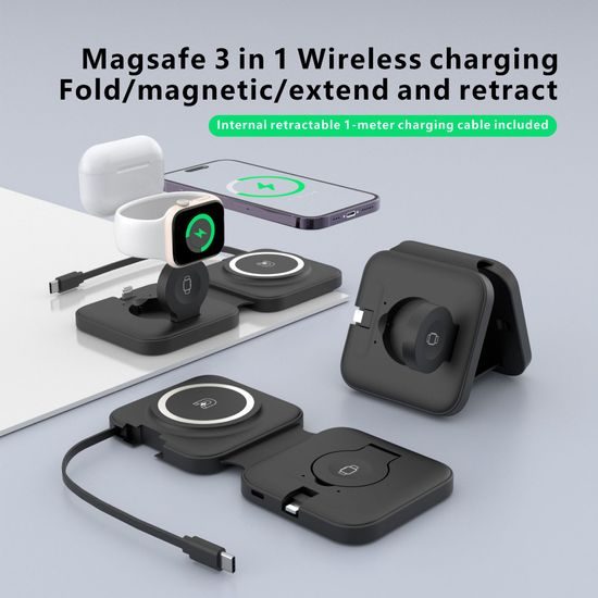 3az1-ben Vezeték nélküli összecsukható töltő, 15W, fekete