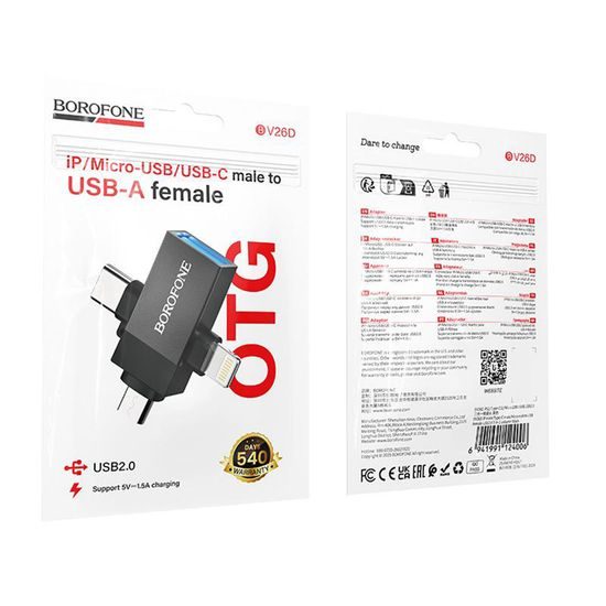 Borofone 3-in-1 Adapter (BV26D) USB 2.0 auf Lightning / USB-C / Micro-USB - Schwarz