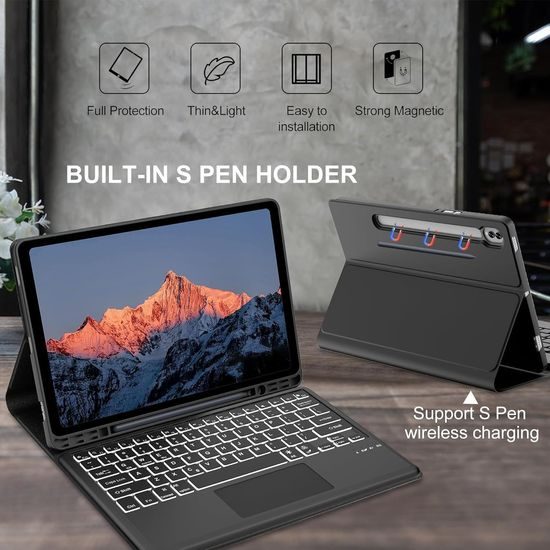 JP Μαγνητική θήκη με πληκτρολόγιο Bluetooth, touchpad, φωτισμό και βάση για stylus, Samsung Galaxy Tab S9+ / S10+ / S7 FE / S9 FE+, μαύρη