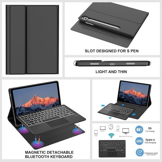 JP Μαγνητική θήκη με πληκτρολόγιο Bluetooth, touchpad, φωτισμό και βάση για stylus, Samsung Galaxy Tab S9+ / S10+ / S7 FE / S9 FE+, μαύρη
