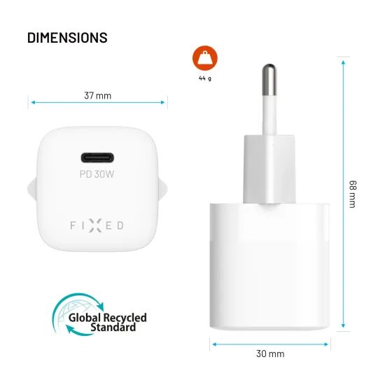 FIXED Mini GaN hálózati töltő, USB-C, PD 30W, fehér