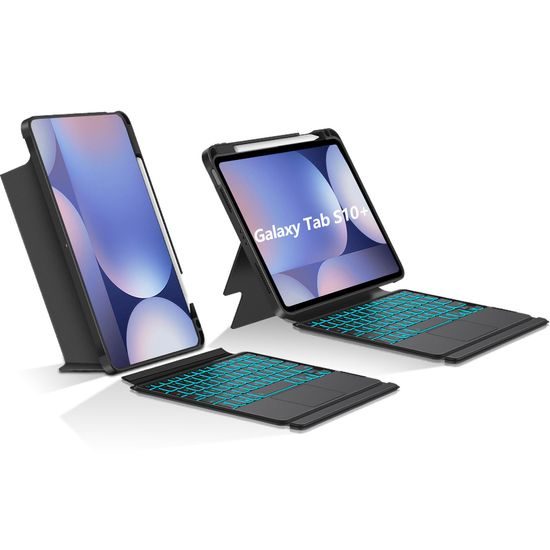 JP Μαγνητική θήκη με αποσπώμενο πληκτρολόγιο Bluetooth, touchpad, οπίσθιο φωτισμό, περιστρεφόμενη βάση και θήκη για stylus, Samsung Galaxy Tab S9+ / S10+ / S7 FE / S9 FE+, μαύρη