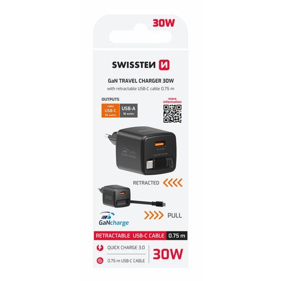 Swissten SlideCharge adapter sisseehitatud väljatõmmatava USB-C kaabliga GaN 30W 1x USB-A 18W – must