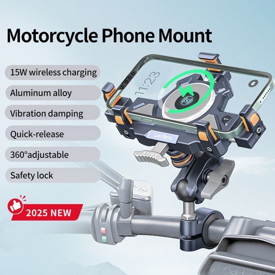 LanParte UBA-MC Motorrad Handyhalterung mit 15W kabellosem Laden - Smartphone Halterung mit Vibrationsdämpfung