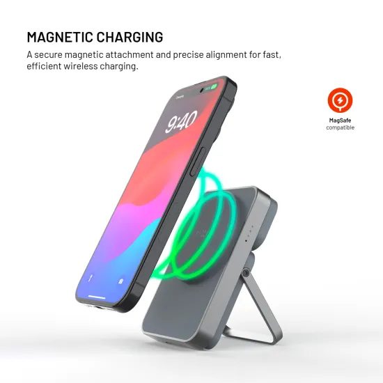 FIXED MagZen 5 Stand powerbank MagSafe támogatással, Apple Watch töltéssel és állvánnyal, 5 000 mAh, szürke