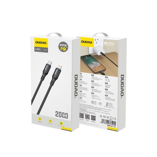 Dudao L3CL USB-C auf Lightning Kabel für iPhone und iPad - 30W Schnellladekabel 2m - Schwarz