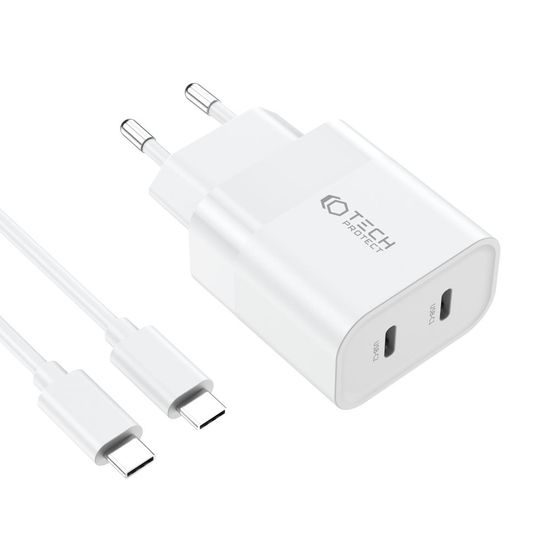 Tech-Protect C20W 2-portni PD20W mrežni punjač + USB-C kabel, bijeli