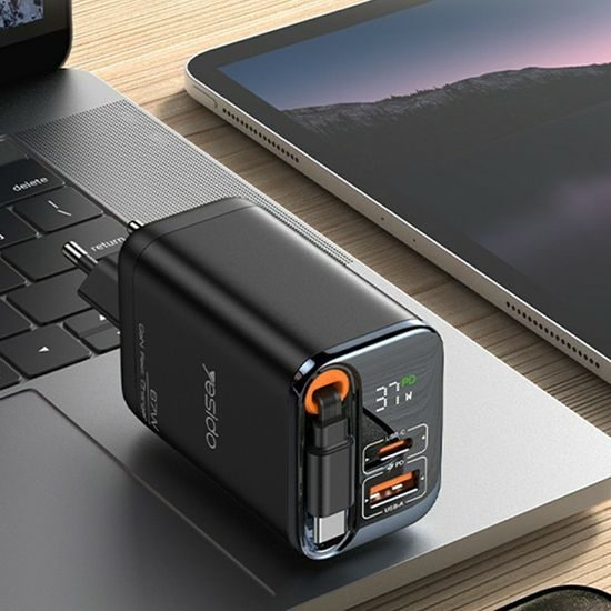 Yesido YC100 USB Ladegerät USB-C & USB-A mit GaN-Technologie 67W + USB-C Kabel 65cm - Schwarz