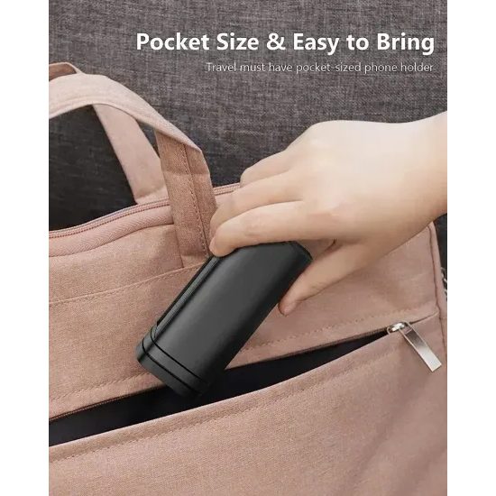 360° Καθολική περιστρεφόμενη αναδιπλούμενη βάση τηλεφώνου για ταξίδια με τοποθέτηση σε τραπεζάκι, κάθισμα και επιφάνεια, μαύρη