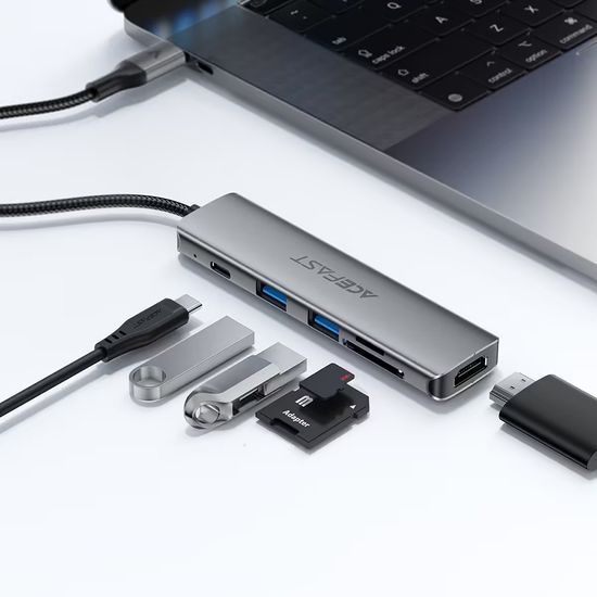 Acefast 6-in-1 Adapter (J18) - USB-C naar 2x USB 3.0, USB-C PD 90W, HDMI 4K, SD/TF Kaartlezer - Plug & Play - Grijs