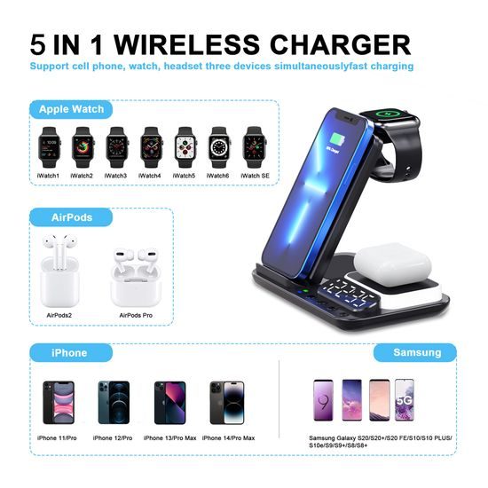FoldCharge Clock 5 Pro Αναδιπλούμενος 5 σε 1 ασύρματος σταθμός φόρτισης με ρολόι και φωτιστικό νυκτός, λευκό
