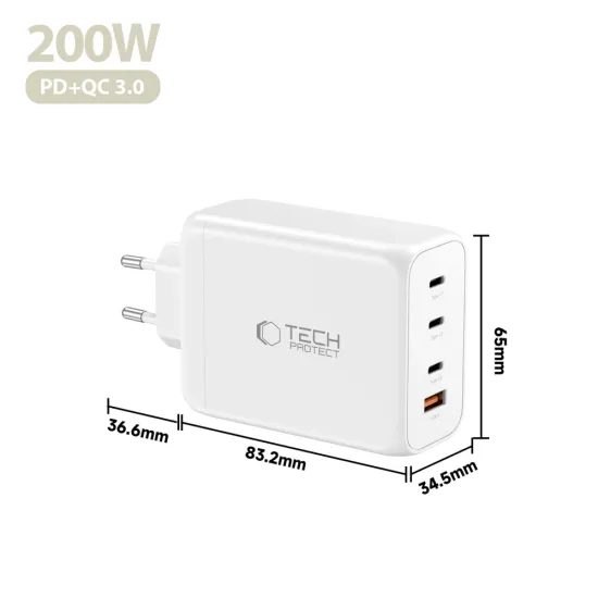 Tech-Protect NC200W-GAN φορτιστής 4 θυρών, PD 200W / QC3.0, λευκός
